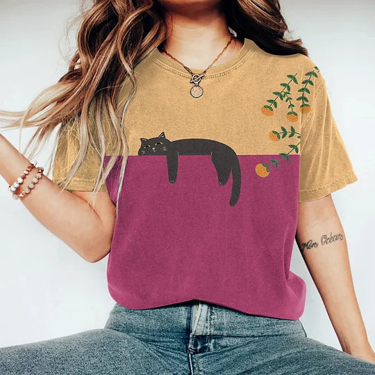 Stefania | T-Shirt Zweifarbiges Katzenmotiv, 100% Baumwolle