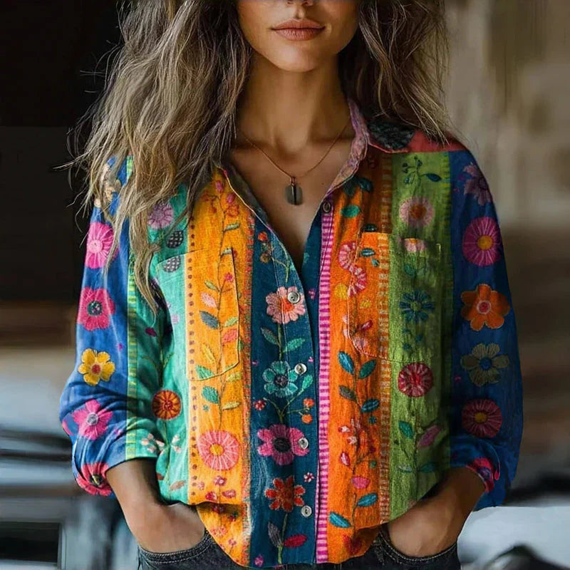 Fiona | Damenbluse mit Ethno-Print – Vintage-Stil