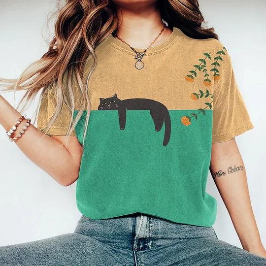 Stefania | T-Shirt Zweifarbiges Katzenmotiv, 100% Baumwolle