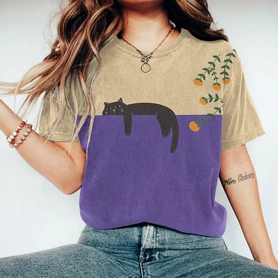 Variant image for Vespera T-Shirt Damen – Zweifarbiges Katzenmotiv, 100% Baumwolle-33