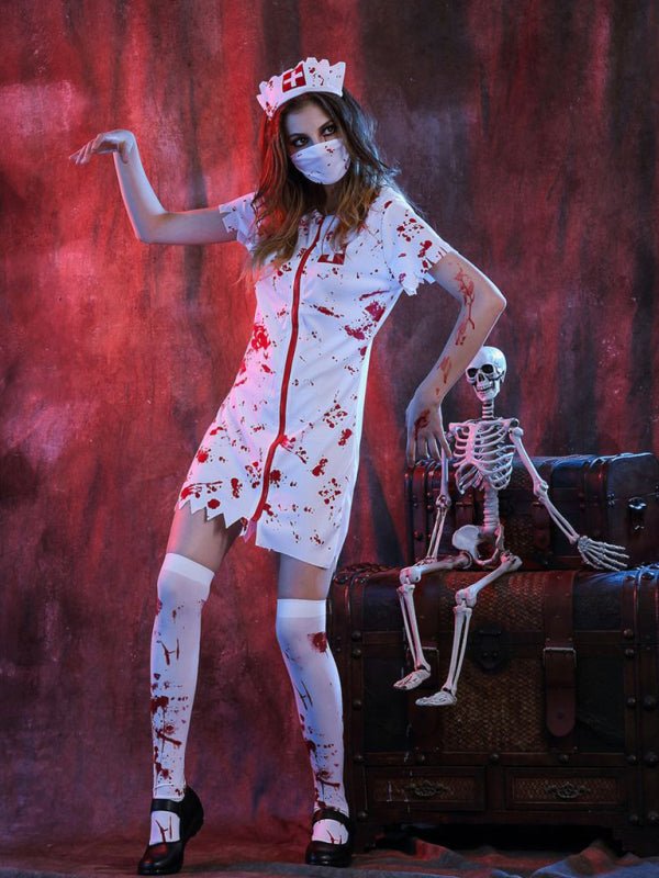 Stephanie | Gruseliges Krankenschwester Kostüm with Blood Splatter Mini Kleid