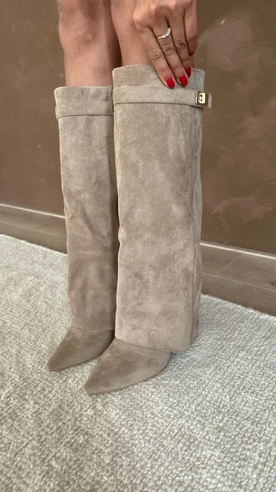 Elisara Kniehohe Stiefel – Schwarzes Wildleder mit Verstecktem Keilabsatz-6
