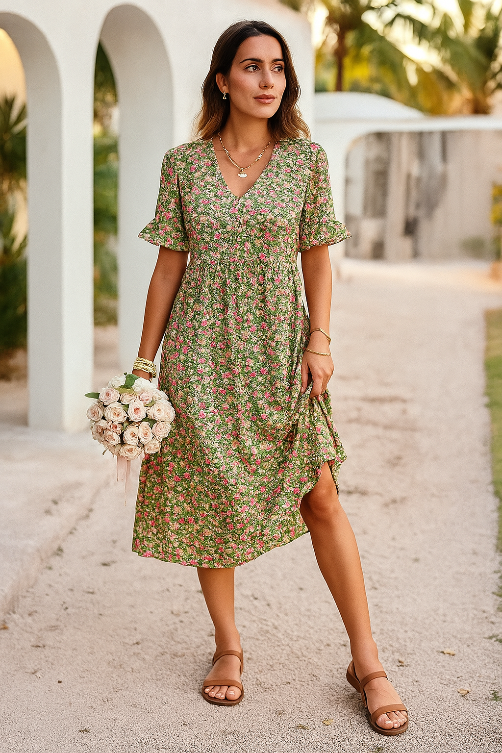 Franziska | Luftige Flatterärmel V-Ausschnitt Midikleid