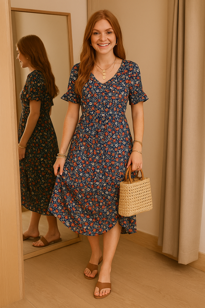 Franziska | Luftige Flatterärmel V-Ausschnitt Midikleid