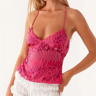 Luna | Festliches Pailletten Top Damen mit Blumenstickerei und Verstellbaren Trägern-1
