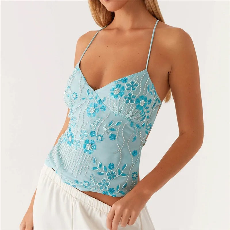 Luna | Festliches Pailletten Top Damen mit Blumenstickerei und Verstellbaren Trägern-6