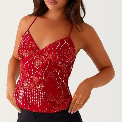 Emilia | Festliches Pailletten Top Damen mit Blumenstickerei und Verstellbaren Trägern