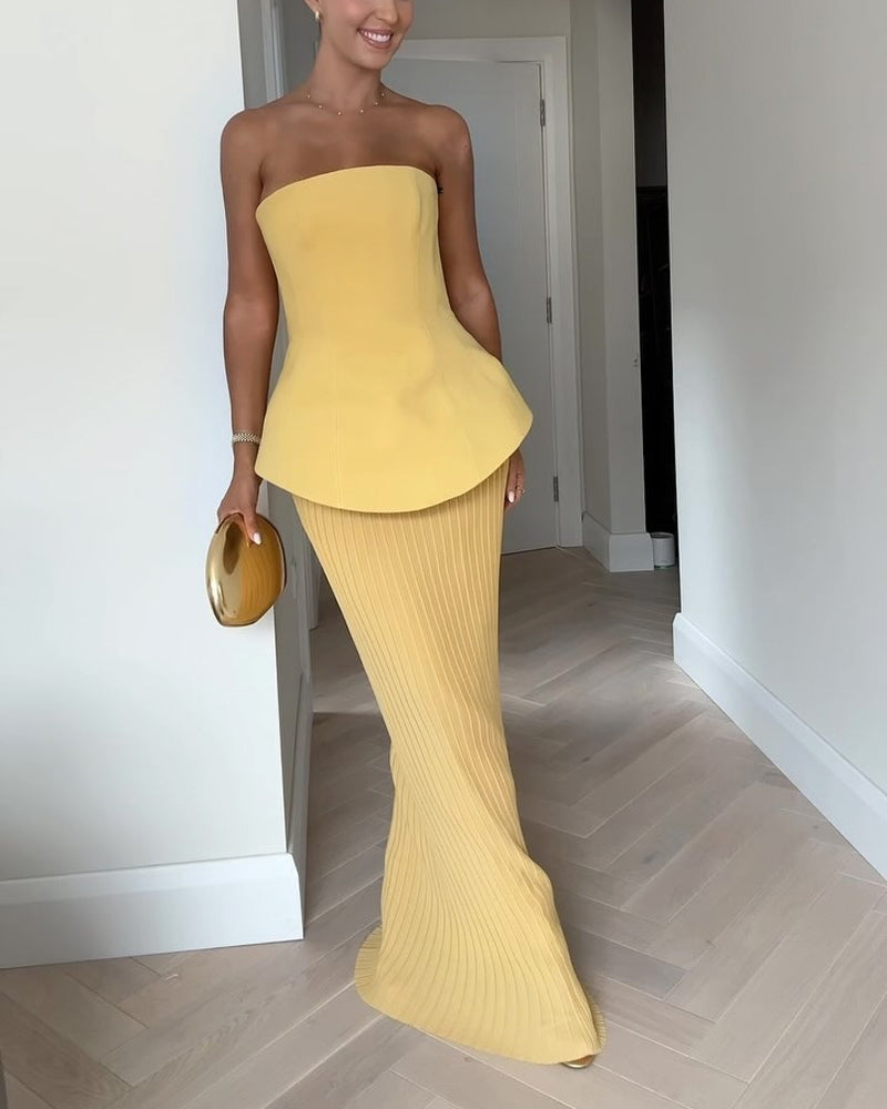 Luna | Trägerloses Abendkleid Lang mit Plissiertem Rock für Formelle Anlässe-1