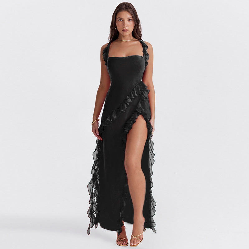 Luna | Maxikleid Sommer mit Rüschen und Schlitz in Pflaume