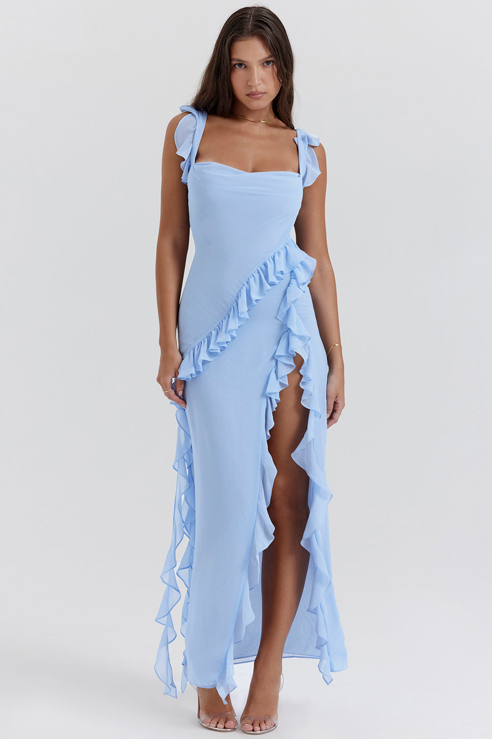 Variant image for Luna | Maxikleid Sommer mit Rüschen und Schlitz in Pflaume-16