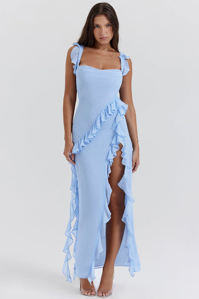 Variant image for Luna | Maxikleid Sommer mit Rüschen und Schlitz in Pflaume-16