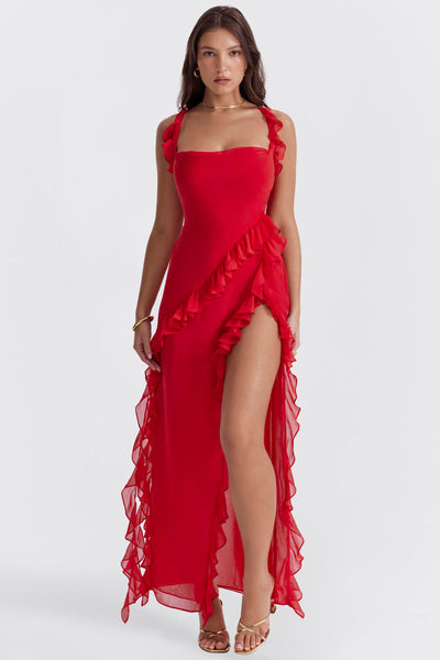 Luna | Maxikleid Sommer mit Rüschen und Schlitz in Pflaume