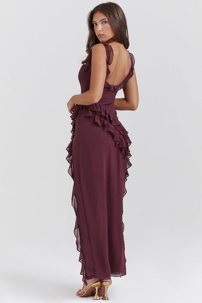 Luna | Maxikleid Sommer mit Rüschen und Schlitz in Pflaume