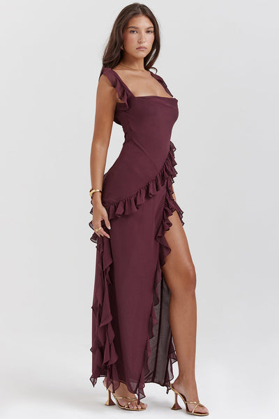 Luna | Maxikleid Sommer mit Rüschen und Schlitz in Pflaume-1