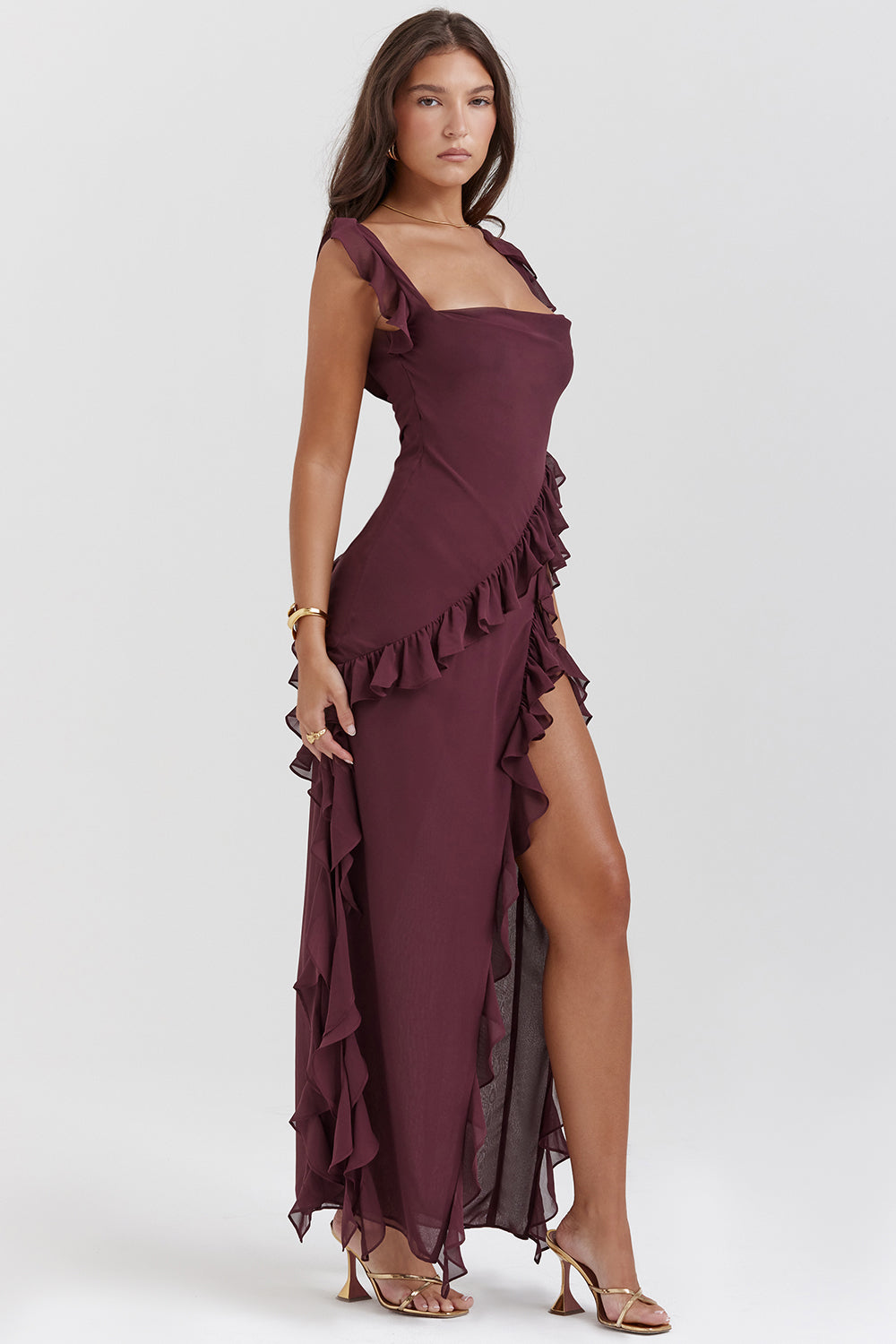 Luna | Maxikleid Sommer mit Rüschen und Schlitz in Pflaume-5