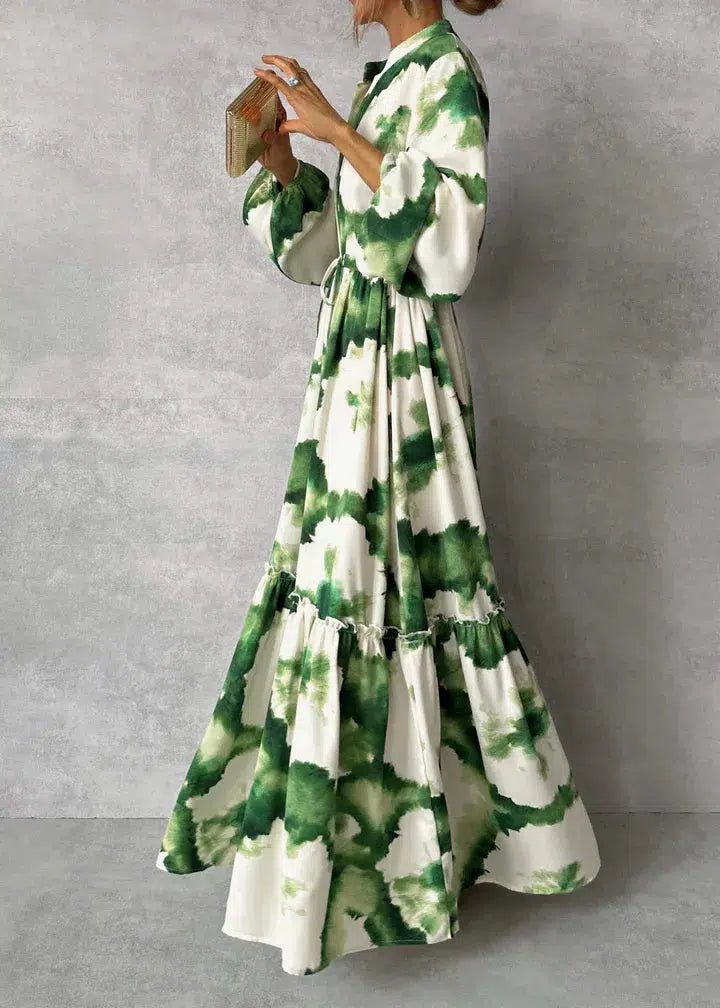 Makayla | Fließendes Design Langarm V-Ausschnitt Maxikleid