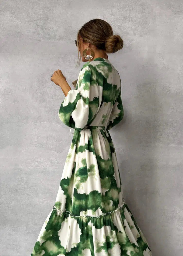 Makayla | Fließendes Design Langarm V-Ausschnitt Maxikleid