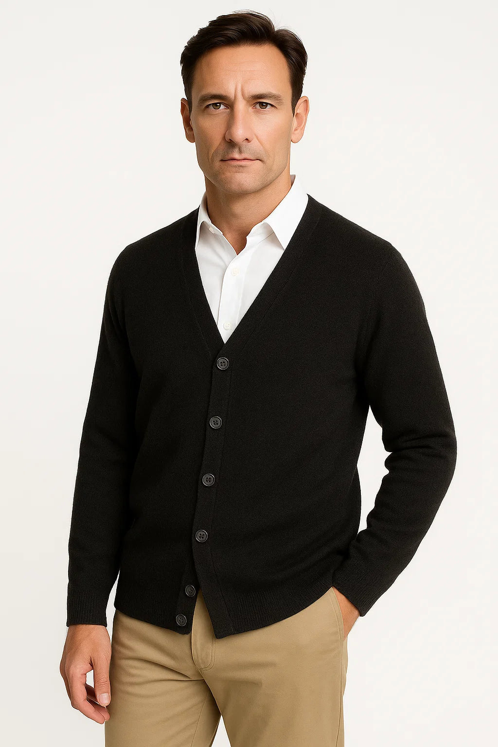 Merino | Herren Strickjacke Schwarz V-Ausschnitt aus 100% Merinowolle für stilvolle Lagenlooks 3