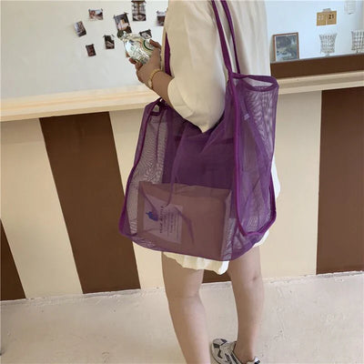 Sommerliche Umhängetasche Damen | Modische Strandtasche aus Netzmaterial-3