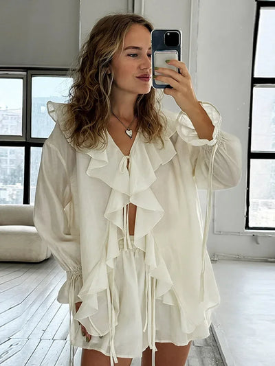 Variant image for Sommertraum | Damen Shorts Set aus Chiffon mit V-Ausschnitt und Rüsche-7