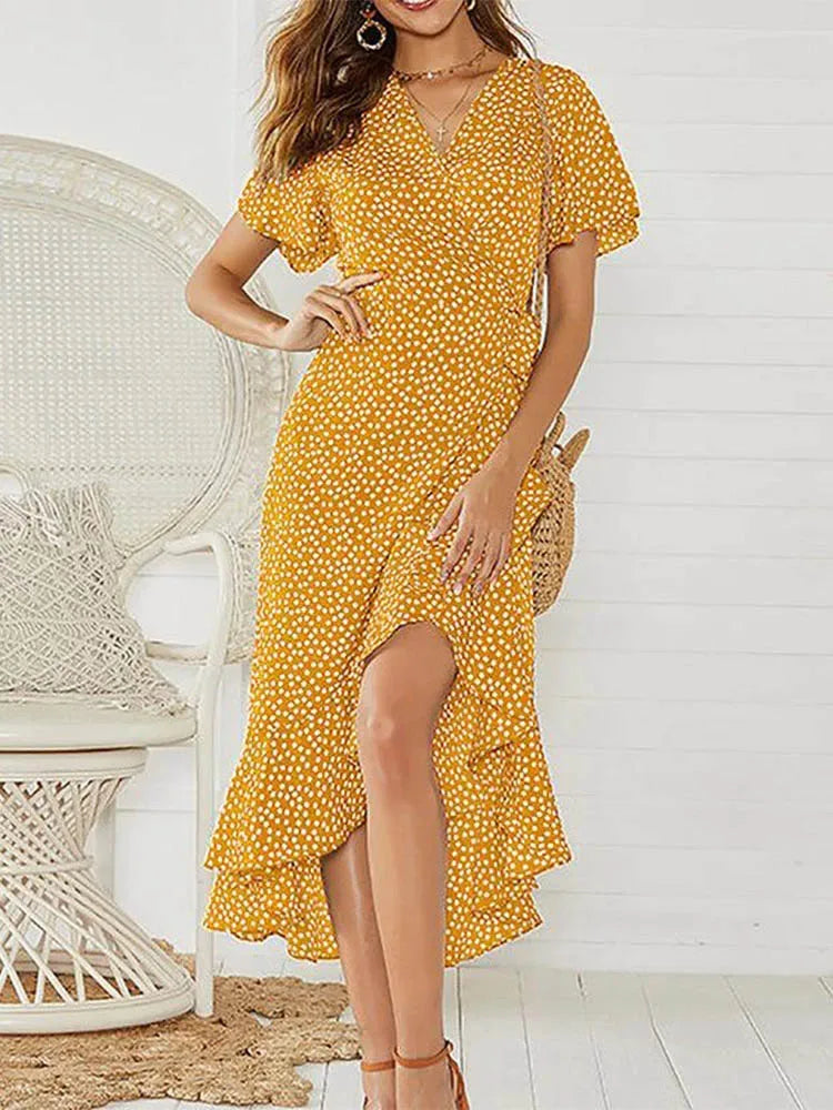 Evelyn | Maxikleid Sommer für Damen mit V-Ausschnitt und Hohem Schlitz