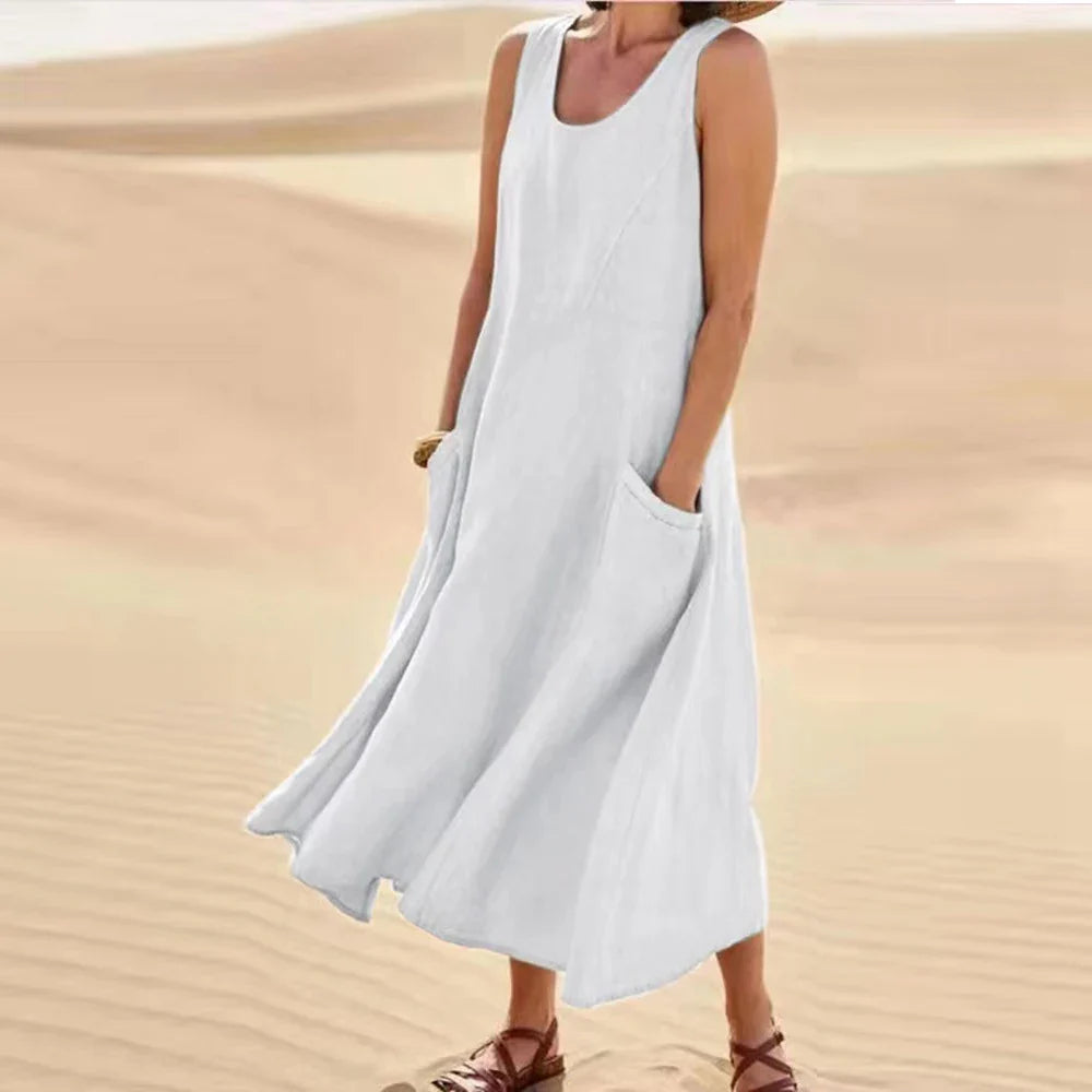 Sommer Baumwollkleid Weiß | Ärmelloses Midi Kleid für Frauen-1