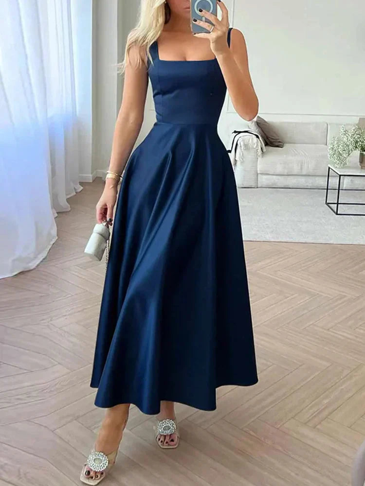 Variant image for Elegantes Midikleid Sommer – Satin A-Linie mit Spaghettiträgern-9