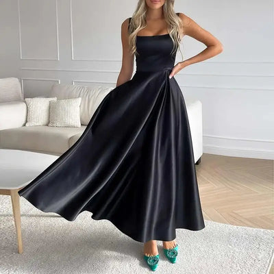 Elegantes Midikleid Sommer – Satin A-Linie mit Spaghettiträgern-1
