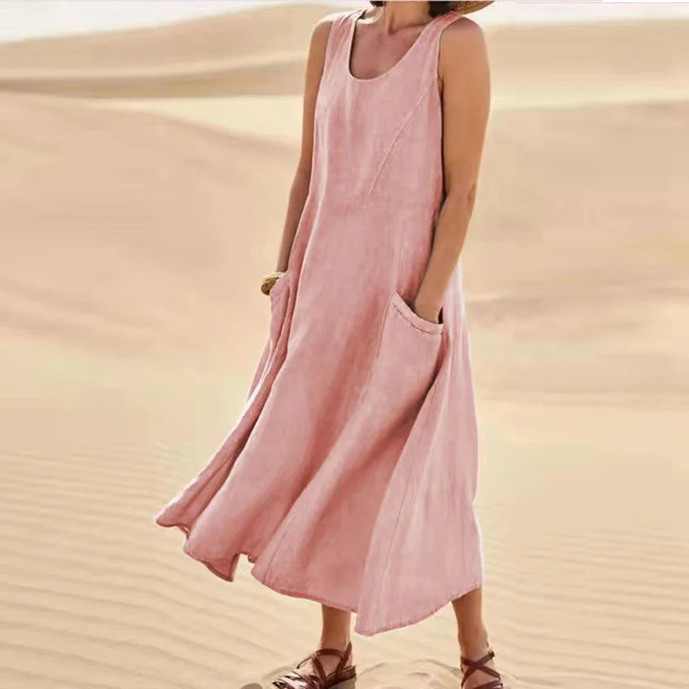 Variant image for Sommer Baumwollkleid Weiß | Ärmelloses Midi Kleid für Frauen-20