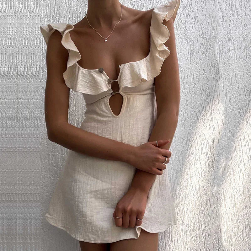 Karin | Sommerkleid Damen mit V-Ausschnitt und Rüschenverzierungen