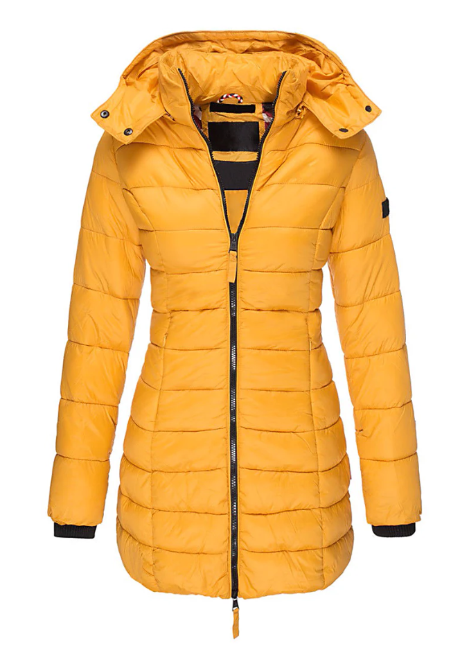 Aria - Abrigo acolchado de invierno con capucha de largo medio entallada para mujer Gris
