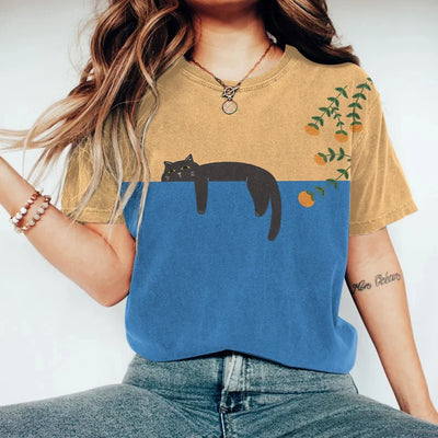 Variant image for Vespera T-Shirt Damen – Zweifarbiges Katzenmotiv, 100% Baumwolle-17