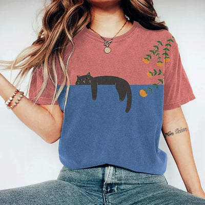 Stefania | T-Shirt Zweifarbiges Katzenmotiv, 100% Baumwolle
