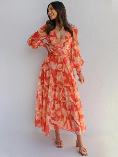 Leira | Maxikleid Langarm – Fließender Stoff, Festlich für Hochzeitsgast Damen