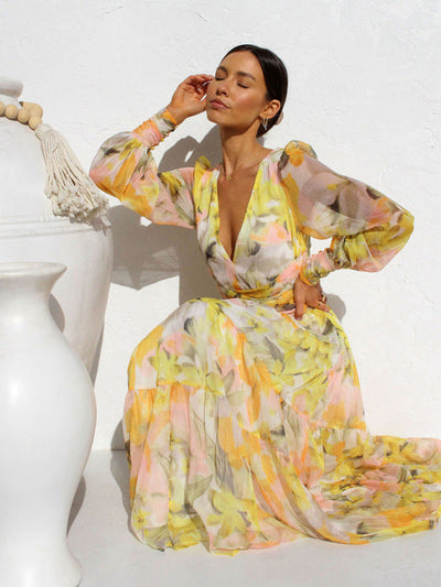 Leira | Maxikleid Langarm – Fließender Stoff, Festlich für Hochzeitsgast Damen