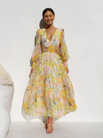 Leira | Maxikleid Langarm – Fließender Stoff, Festlich für Hochzeitsgast Damen