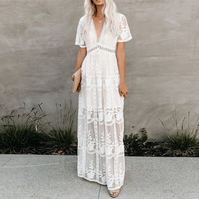 Merlinda | Maxikleid Sommer – Fließender Stoff, V-Ausschnitt, Lange Kleider Damen-4