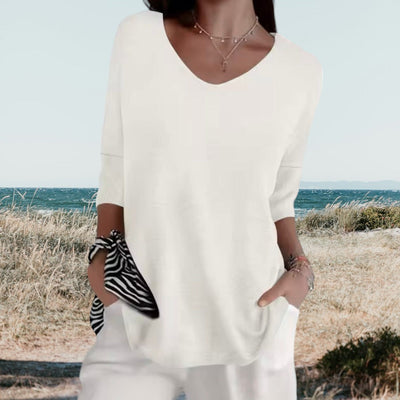 Sophia | Top  Leichtes V-Ausschnitt Design, Sommermode in Weiß und Rot